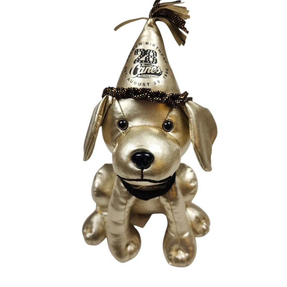Raising Canes Golden Birthday Cane Plush Dog 28th Anniversary Metallic Gold 2024